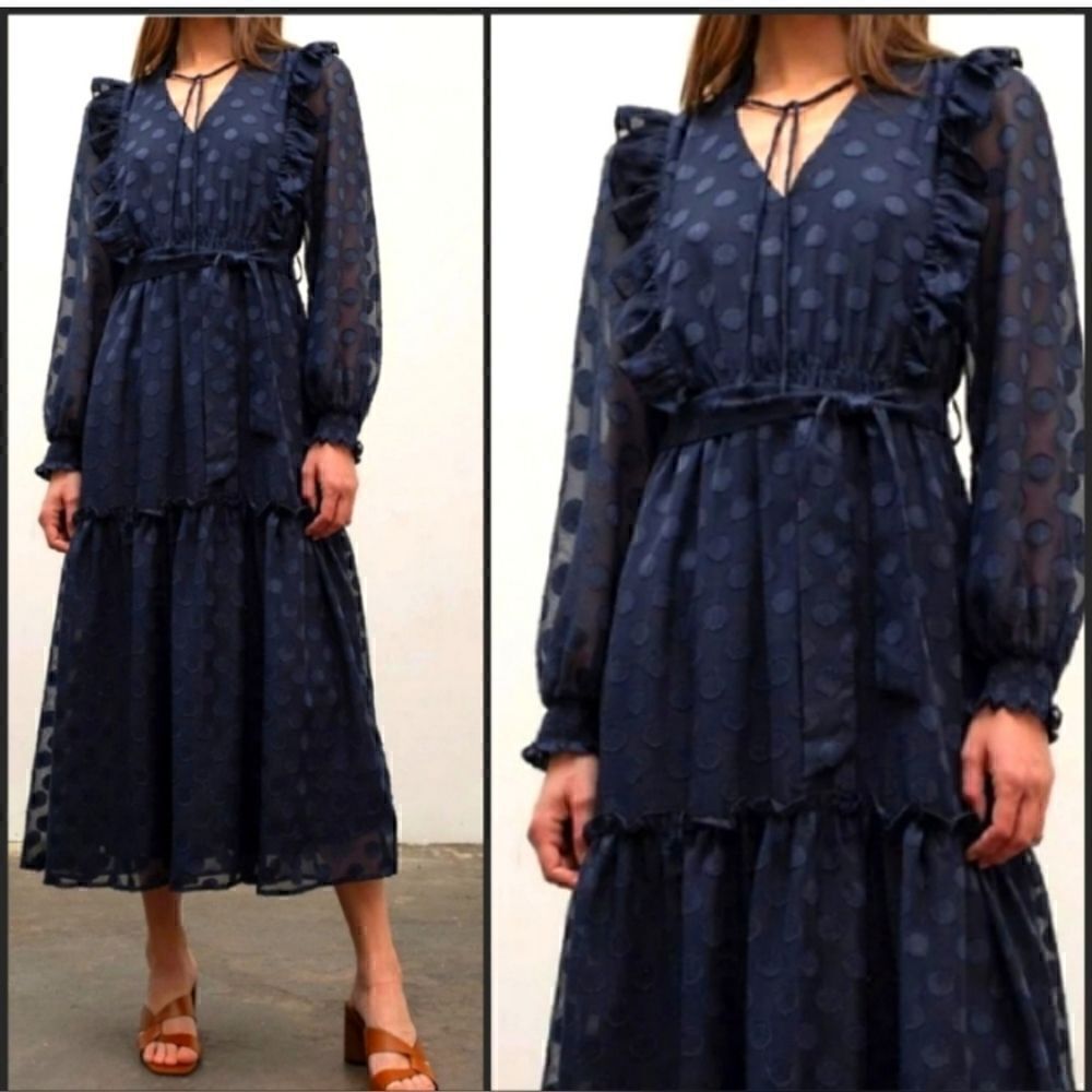 NWT MOON RIVER Navy Polka Dot Midi Dress Medium